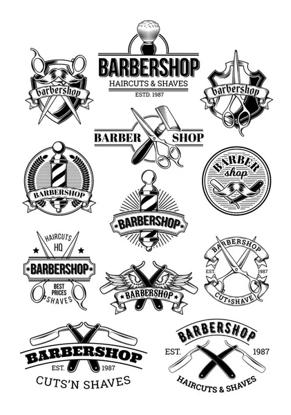 Conjunto vetorial de logotipos de barbearia, sinalização —  Vetores de Stock