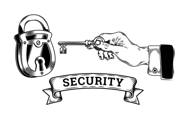 Conceito de segurança - mão com chave abre, fecha a fechadura — Vetor de Stock