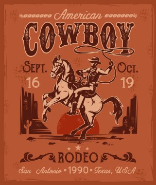 Retro tarzı at yetiştirme üzerinde oturan bir kovboy Rodeo poster