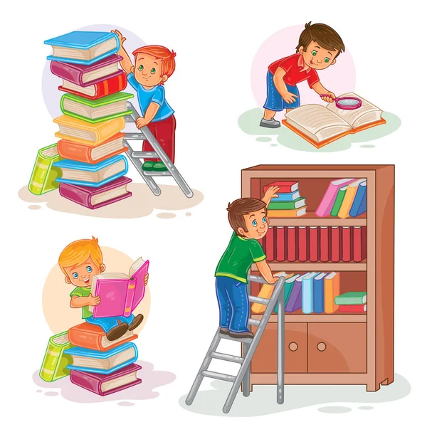 Set icone di bambini piccoli che leggono un libro — Vettoriale Stock