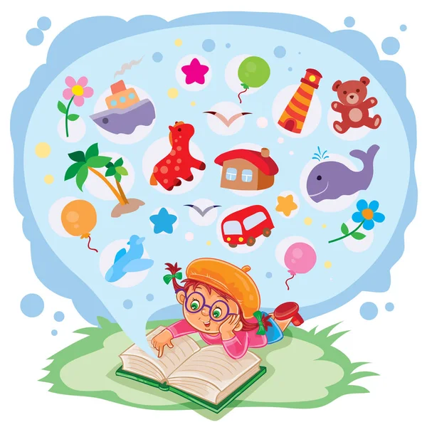 Küçük kız macera hayalleri ve bir kitap okuma — Stok Vektör