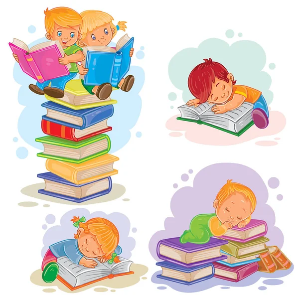 Набор икон маленьких детей, читающих книгу — стоковый вектор