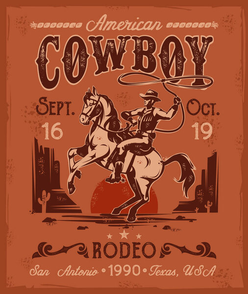Rodeo poster with a cowboy sitting on  rearing horse in retro style