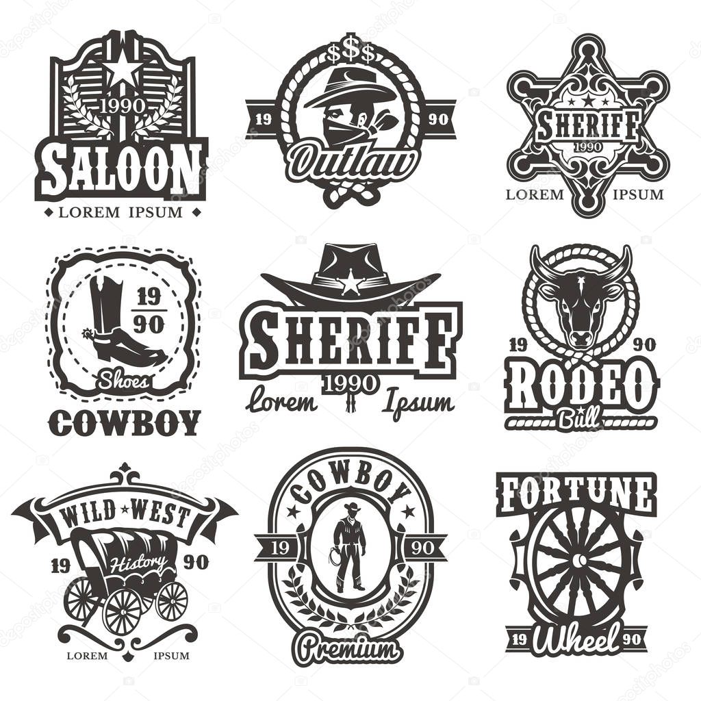 Set of vector wild west logos, badges with cowboy and attributes of the wild west isolated on white