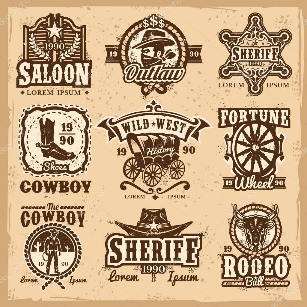 Set of vector wild west logos, badges with cowboy and attributes of the wild west isolated on white