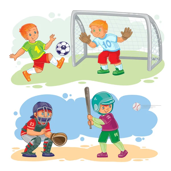 Zestaw ikon chłopców grających w piłkę nożną i baseball — Wektor stockowy