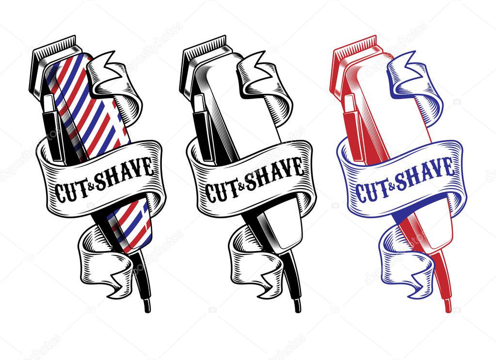 Vector collection hair clippers isolated on white. Engraving style