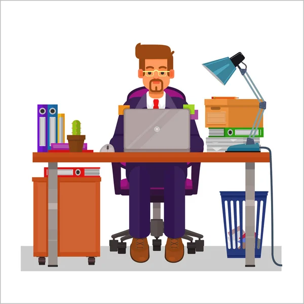 Vector flat illustration of a man working on the computer — Stock Vector