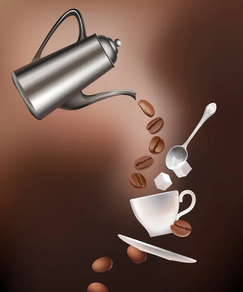 Kávé pot, a bab, a csésze, a csészealj, a kanál és a cukorral csomók — Stock Vector