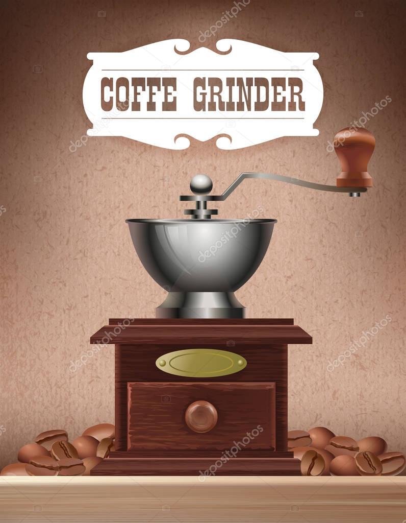 Vector illustration of an old wooden hand coffee grinder