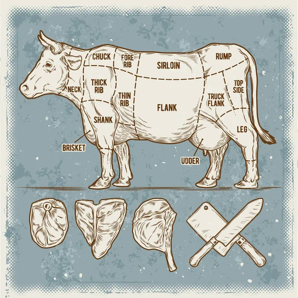 Conjunto de ilustrações vetoriais estacas de carne de bovino . —  Vetores de Stock