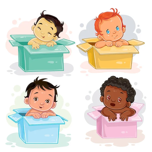 Набор иллюстраций младенцев различных рас, сидящих в коробках — стоковый вектор