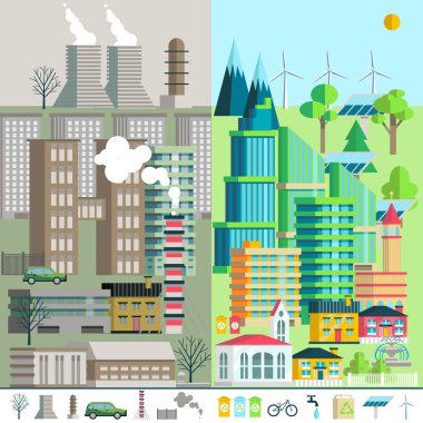 Kentsel peyzaj, çevre, ekoloji, infographics unsurları.