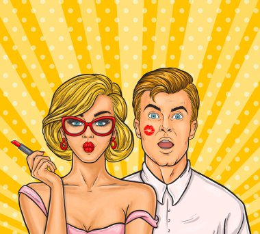 Pop art seksi kadın kırmızı ruj ile bir adam öptü