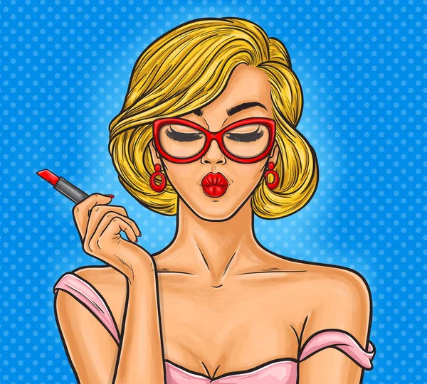 Pop art illustration woman paints his lips. - Stok Vektor