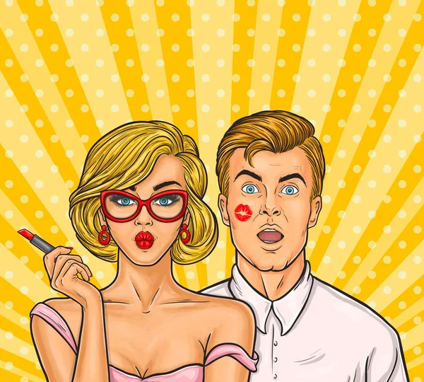 Pop art sexy mujer con lápiz labial rojo besó a un hombre — Vector de stock