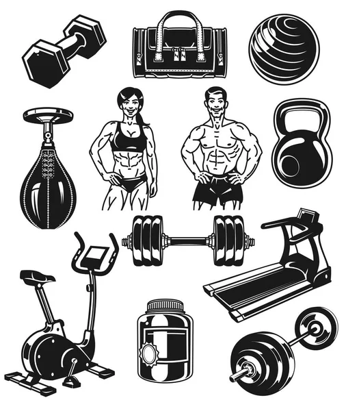 Set icons for bodybuilding isolated on white. — Stock Vector