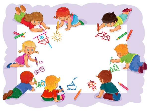 Niños felices juntos dibujan en una hoja grande de papel — Vector de stock