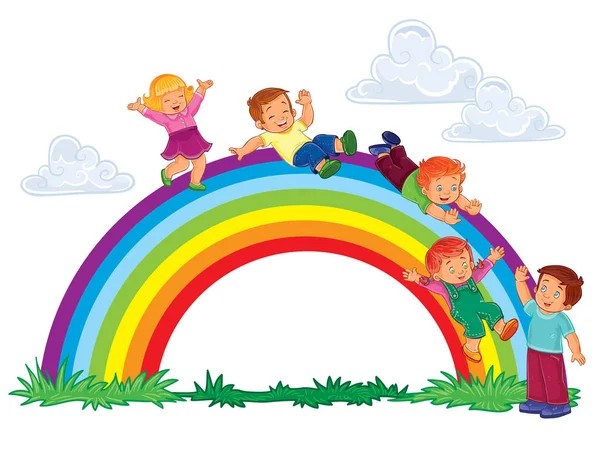 Niños pequeños despreocupados se deslizan por el arco iris — Archivo Imágenes Vectoriales