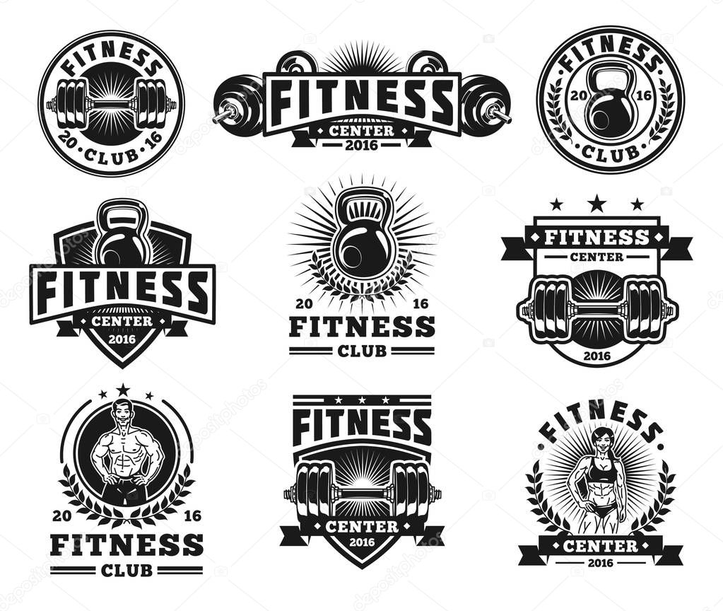 Set of vector bodybuilding emblems, badges, stickers isolated on white.