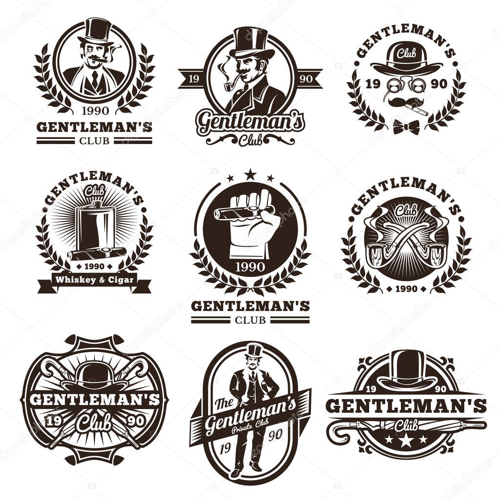 Set of vector vintage gentleman emblems, labels, icons, signage and design elements. Engraving style.