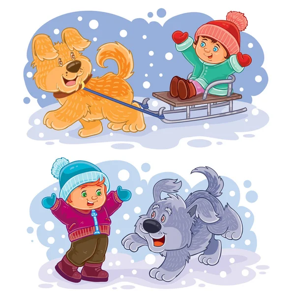 Set clip art illustration petits enfants jouer avec leurs chiens — Image vectorielle