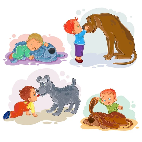 Clip art illustrations of little boys and their dogs — Stock Vector