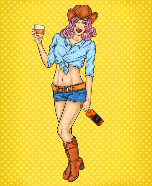 Pop art pin up ilustración de una chica de rodeo — Vector de stock