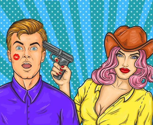 Pop art seksi rodeo kızı kırmızı ruj ile bir adam öptüm
