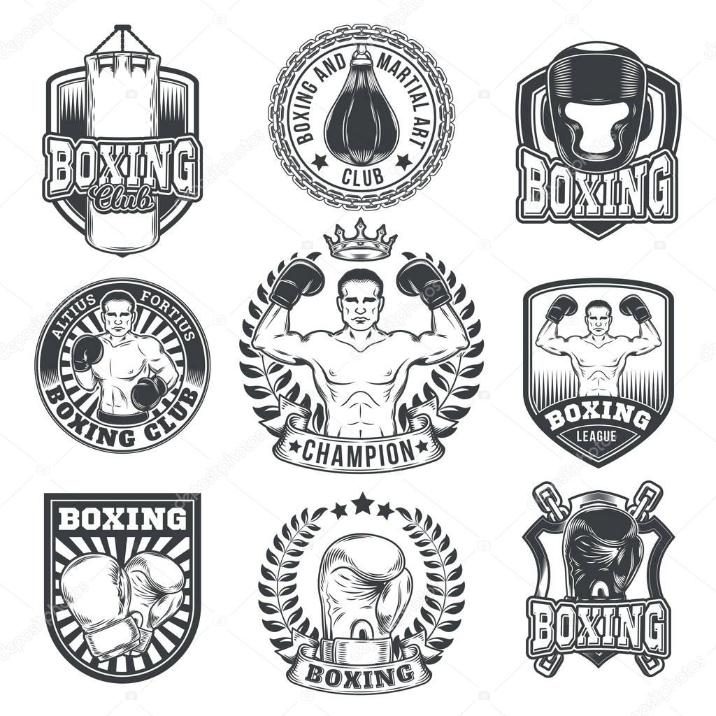 Set of vector boxing emblems, badges, stickers isolated on white.