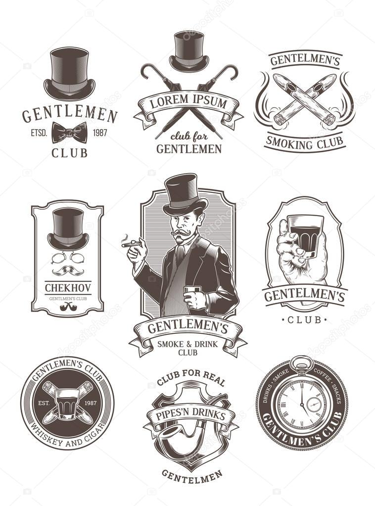 Set of vector vintage gentleman emblems, labels, icons, signage and design elements. Engraving style.
