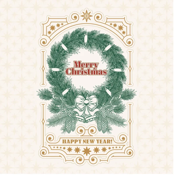 La tarjeta de felicitación navideña con la corona de abeto, la invitación a la fiesta — Vector de stock