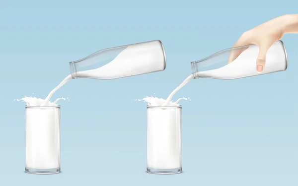 Conjunto de iconos de leche de la botella se vierte en un vaso — Archivo Imágenes Vectoriales