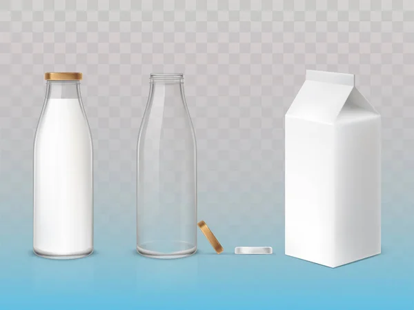 Conjunto de iconos caja, botellas vacías y con leche — Vector de stock