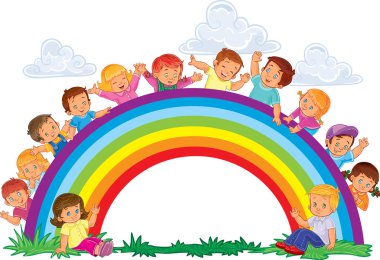 Carefree young children and rainbow clipart