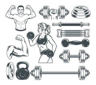 Beyaz izole vücut geliştirme için Icons set.