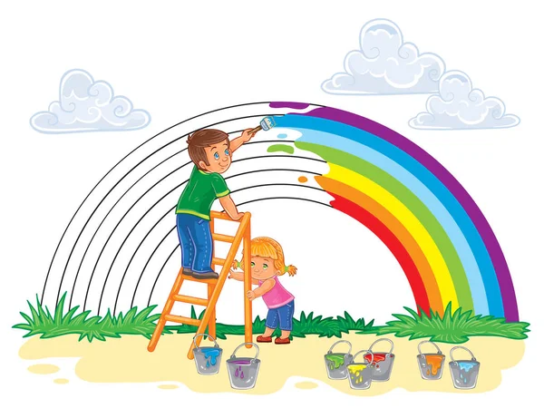 Беззаботные маленькие дети рисуют радугу цветов — стоковый вектор
