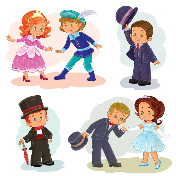 Set clip art illustrations with young children in historical costumes — Stock Vector