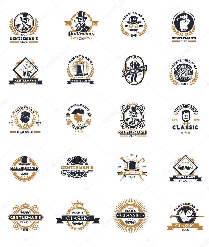 Set of vector vintage gentleman emblems, labels, icons, signage and design elements.