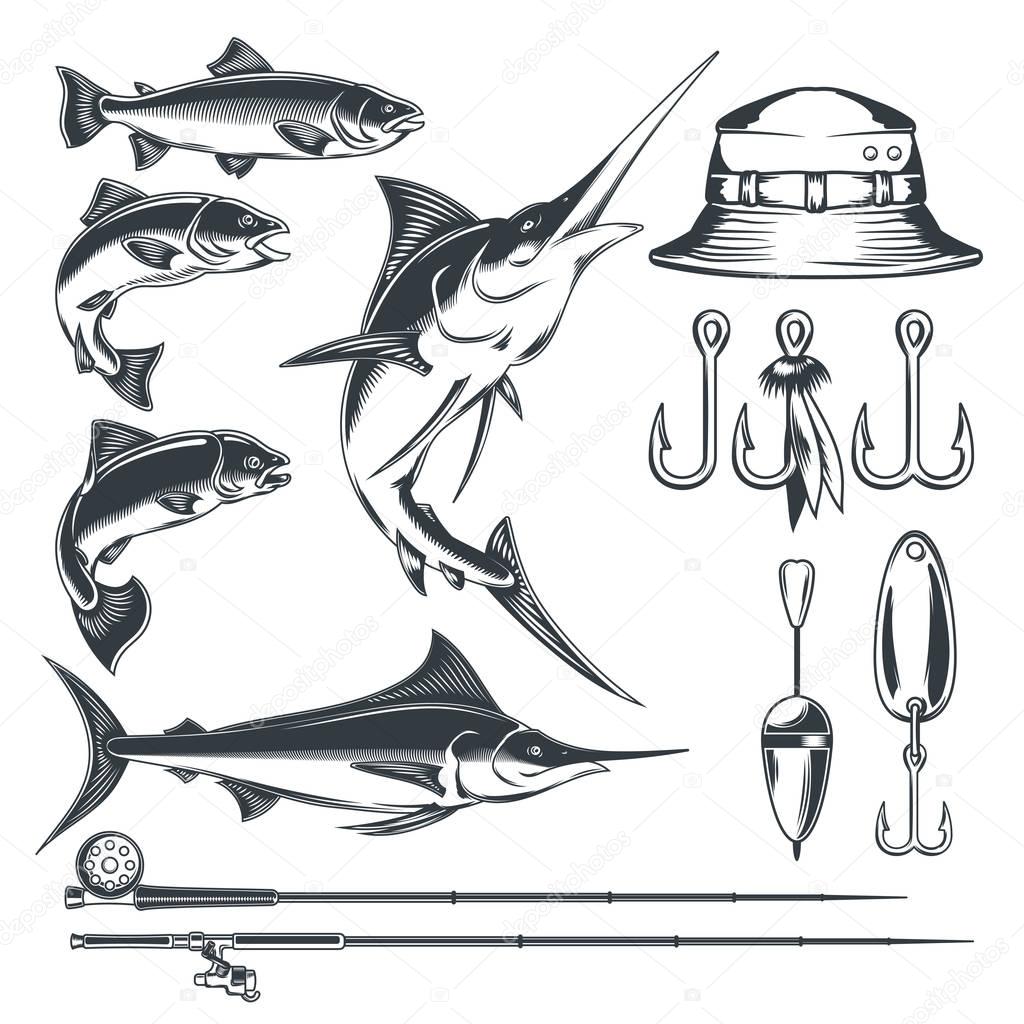 Set of vector icons on the theme of fishing - marlin and trout in various poses, fishing rod, fishing hooks, float and baubles, hat. Engraving style.