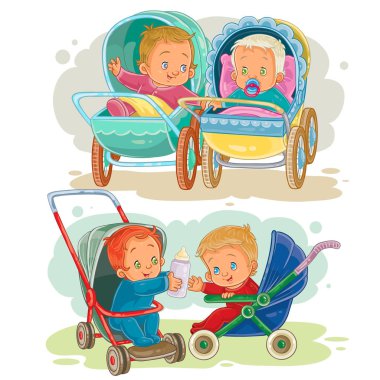 Set illustrations of little kids in a baby carriage and stroller clipart