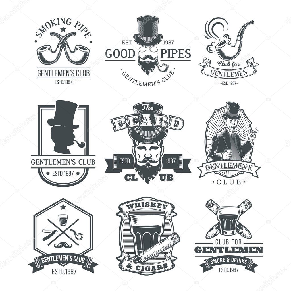 Set of vector vintage gentleman emblems, labels, icons, signage and design elements. Engraving style.