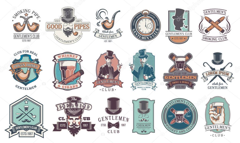 Set of vector vintage gentleman emblems, labels, icons, signage and design elements. Engraving style.