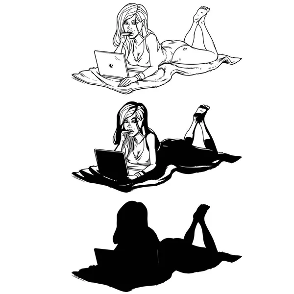 Satz Silhouetten junges Mädchen mit Laptop auf dem Boden liegend — Stockvektor