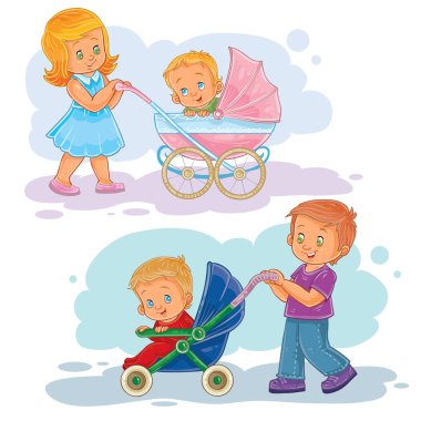 Set clip art illustrations older brother and sister wheeled baby carriage, stroller clipart