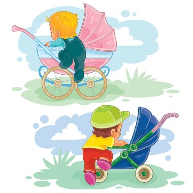 Set illustrations of little kids and baby carriage, stroller clipart
