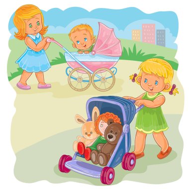 Vector illustration of two girls ride buggies clipart