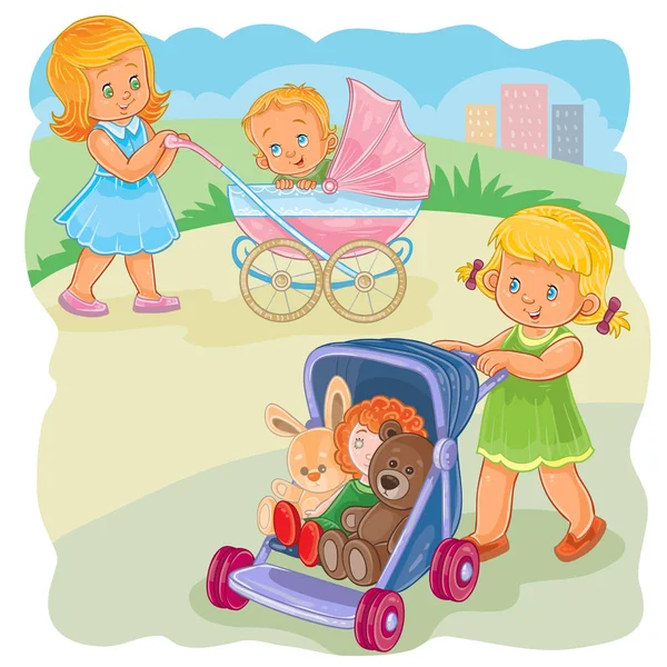 Ilustracja wektorowa dwóch dziewczynek jeździć buggy — Wektor stockowy
