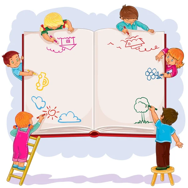 Šťastné děti společně čerpat na velkém listu knihy — Stockový vektor