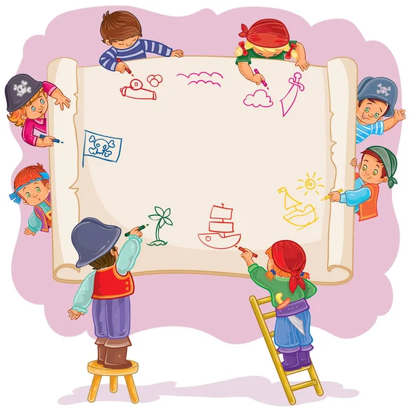 Happy children together draw on a large sheet of paper - Stok Vektor